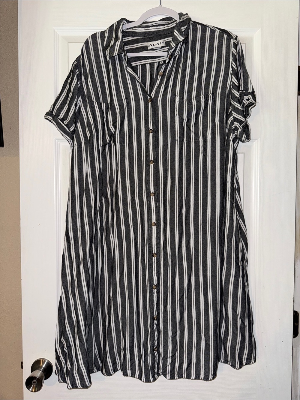 Ava & Viv Black and White Vertical-Stripe Midi Shirt Dress